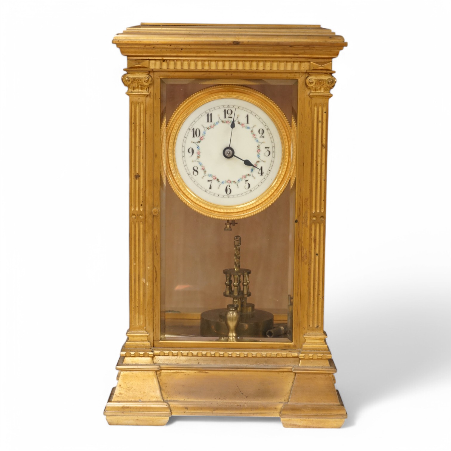 A large 19th century French four glass mantel clock, with key and pendulum, 37cm. Condition - fair to good, not tested